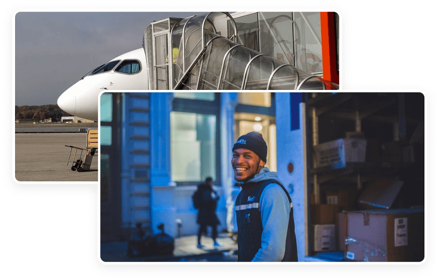 overlapping images of delivery worker and delivery plane