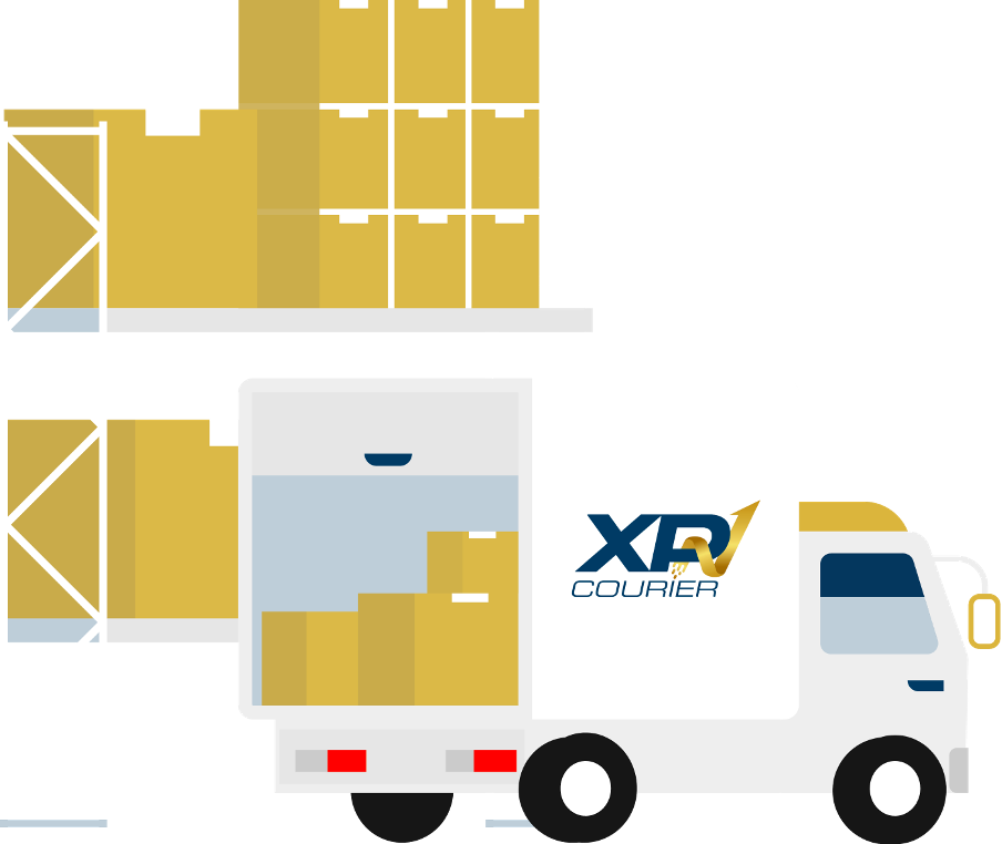 cartoon truck and shelves with boxes on them